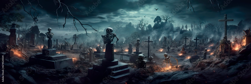 skeletons rising from graves from earth on halloween mystic