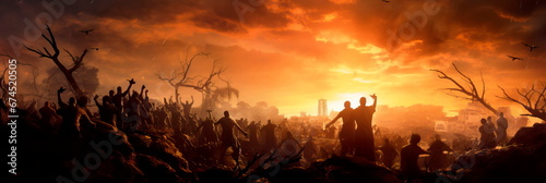 apocalyptic cityscape overrun by creepy zombies emerging from graves. photo