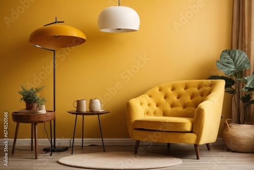 Dark yellow sofa and recliner chair in scandinavian apartment. Interior design of modern living room. Generative Ai.