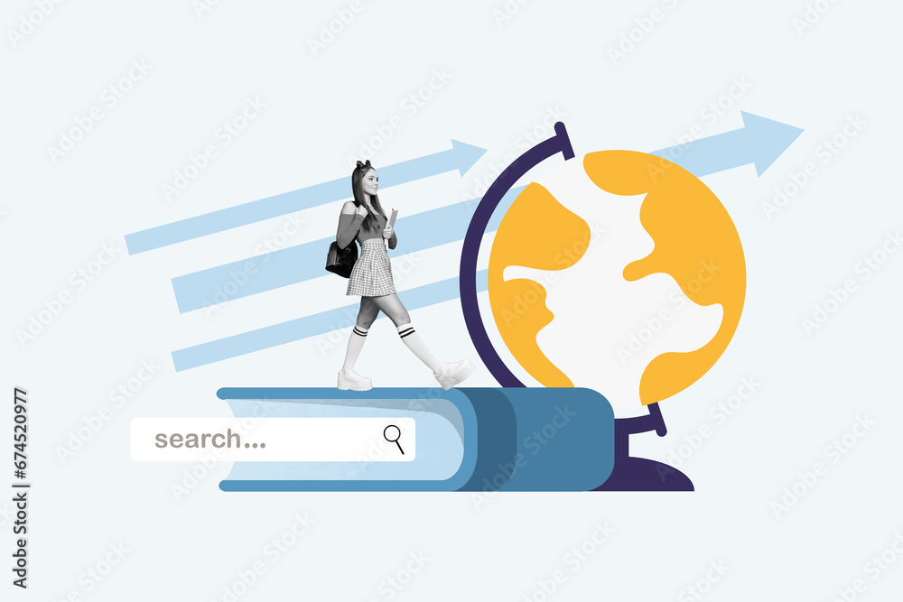 Creative collage of mini black white effect girl carry backpack walk big book planer earth world globe browser search bar Creative collage of mini black white effect girl carry backpack walk big book planer earth world globe browser search bar