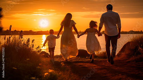 Happy family on a summer walk during sunset