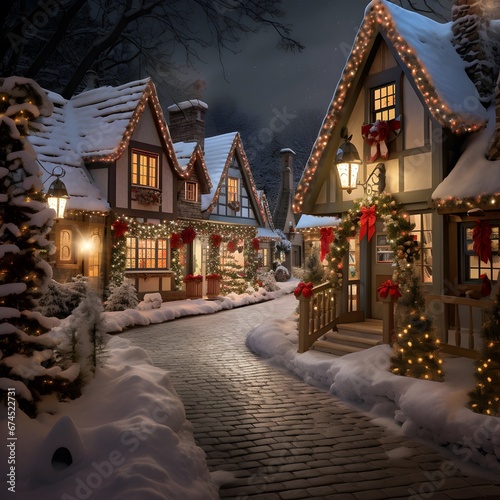 Christmas village at night in winter with lights and decorations. Colorful houses in the snow.