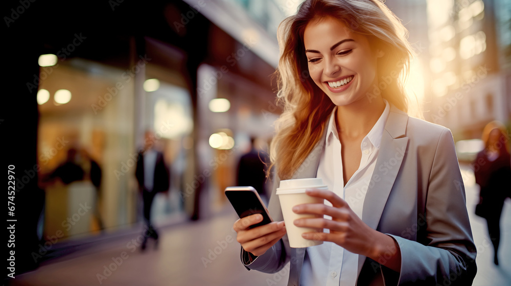 BUSINESSWOMAN READING MESSAGES ON SMARTPHONE AND DRINKING COFFEE. legal AI