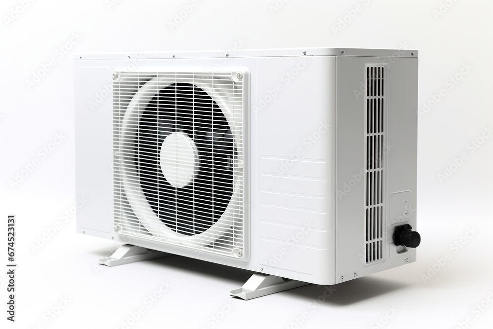 Air heat pump on white background. Modern, environmentally friendly heating. Air source heat pumps are efficient and renewable source of energy. Air heat pump on white background. Modern, environmentally friendly heating. Air source heat pumps are efficient and renewable source of energy.