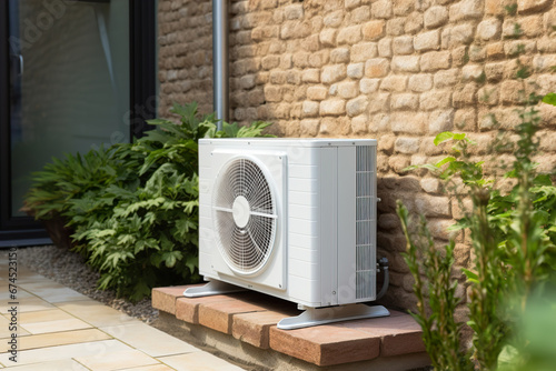 Modern air source heat pump installed beside a house with garden and stone wall background. Environmentally friendly heating. Air heat pumps are efficient, renewable source of energy.