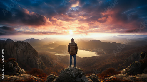 Rear view of a man at the top of a mountain contemplating the valley at sunset