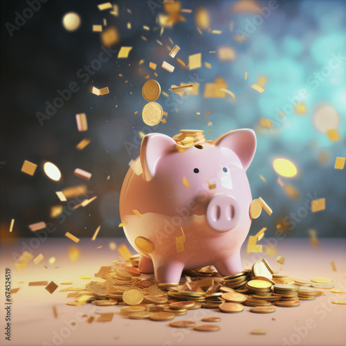 Piggy bank saves a lot of money gold shower coins advertisement wallpaper background photo