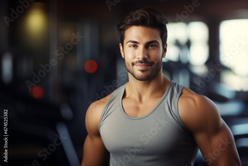 portrait of young muscular man resting in gym while looking at camera. Healthy lifestyle © zamuruev