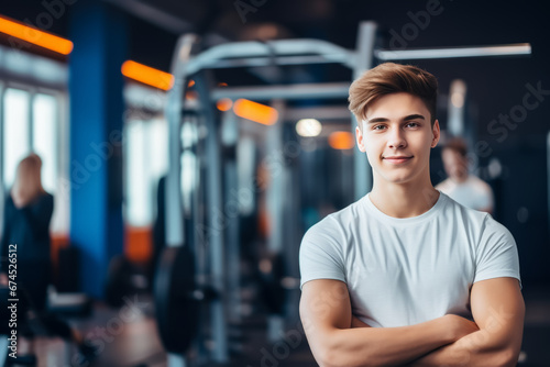 portrait of young muscular man resting in gym while looking at camera. Healthy lifestyle