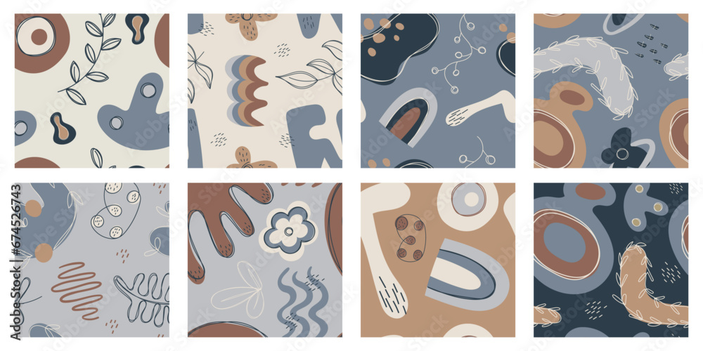 Set of simple vector seamless patterns. Abstract geometric shapes and spots.