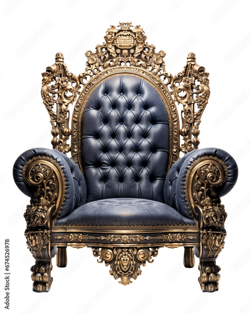 Luxury blue and bronze throne chair png, isolated on transparent background, hd