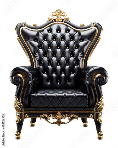 Luxury black and gold throne chair png, isolated on transparent background, hd photo