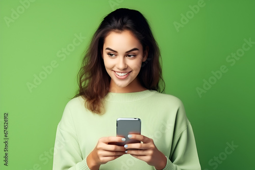 Portrait of attractive cheerful amazed girl using smartphone isolated on bright green background