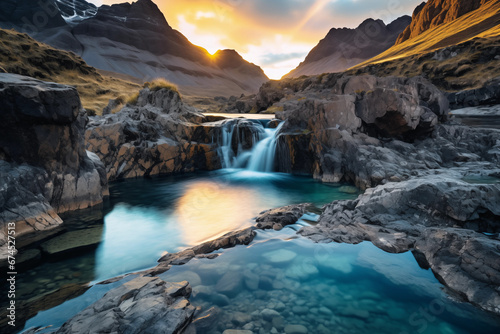 Beautiful panorama view of mountain lake with waterfall at sunset  Fairy Pools in scothland  Vacation travel  Peaceful nature landscape