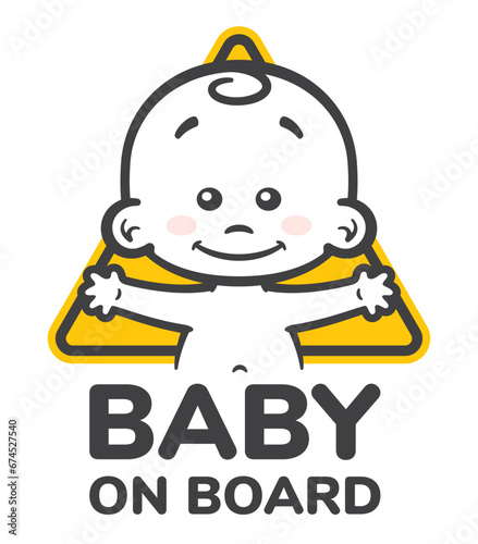 Vector yellow triangular sign with cute little boy and text - baby on board. Isolated white background.