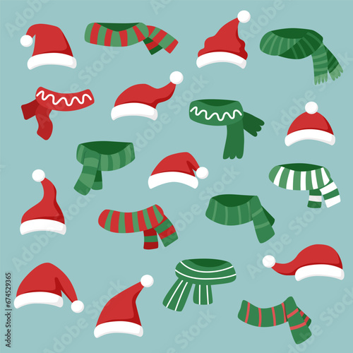 Set of Santas hats and scarves in the flat style. Christmas concept.	

