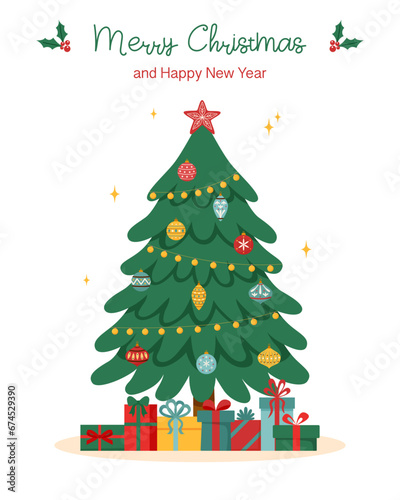 Christmas tree decorated with ornaments. Christmas gift boxes.	
