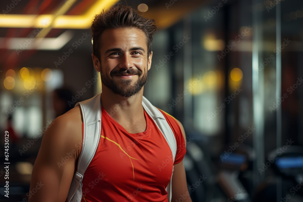 portrait of young muscular man resting in gym while looking at camera. Healthy lifestyle