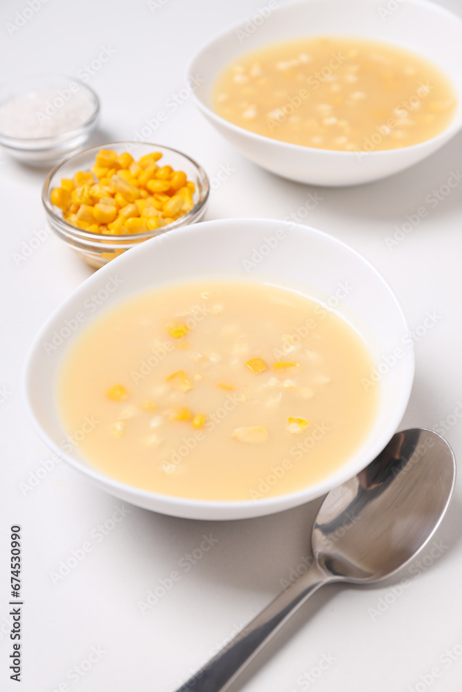 Corn soup, concept of tasty lunch food Corn soup, concept of tasty lunch food