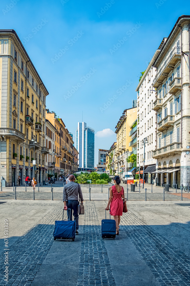 Touristic scene on a Milan road