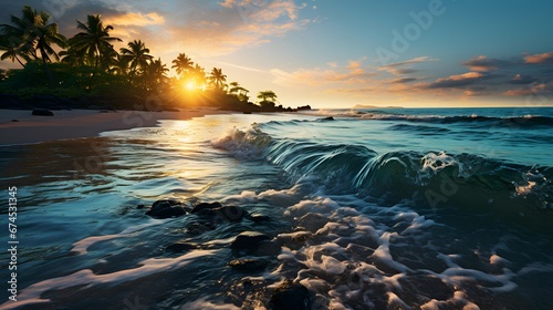Panoramic view of beautiful tropical beach at sunset. Nature composition.