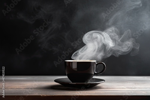 Morning coffee delight. Cup and smoke on wooden table. Dark roast aroma. Closeup of fresh espresso. Vintage tea elegance