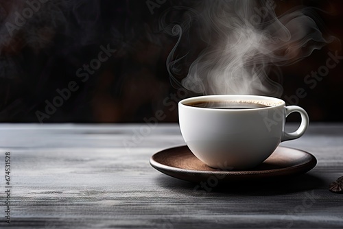 Morning coffee delight. Cup and smoke on wooden table. Dark roast aroma. Closeup of fresh espresso. Vintage tea elegance