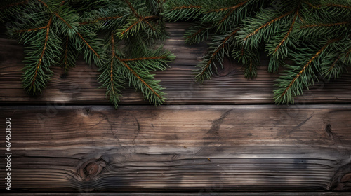 Fir branches on a rough wooden background with copyspace.