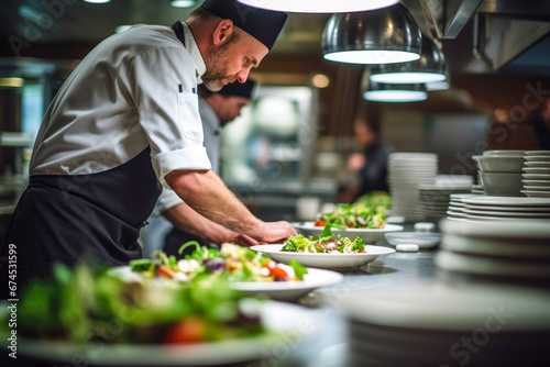 Chefs prepare dinner in a restaurant surrounded by food and other employees. photo