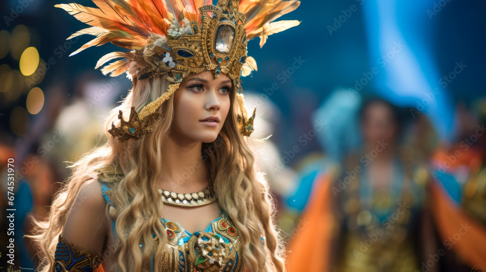 A cosplayer woman dressed as an amerindian wearing gold and turquoise feathers.