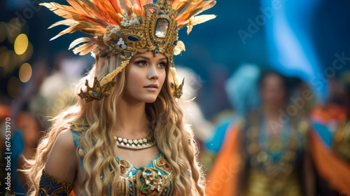 A cosplayer woman dressed as an amerindian wearing gold and turquoise feathers. © PixelGallery