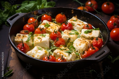 Melted Delight: Baked Feta Cheese with Roasted Cherry Tomatoes Sizzling in a Pan