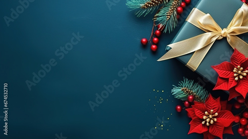 blue christmas background with poinsettia with leaves, red berries, gift box wrapped red silk ribbon, gold tinsel, with empty copy Space