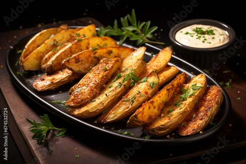 Savory Indulgence: Herb and Parmesan Baked Potato Wedges Served with Delicious Dipping Sauce