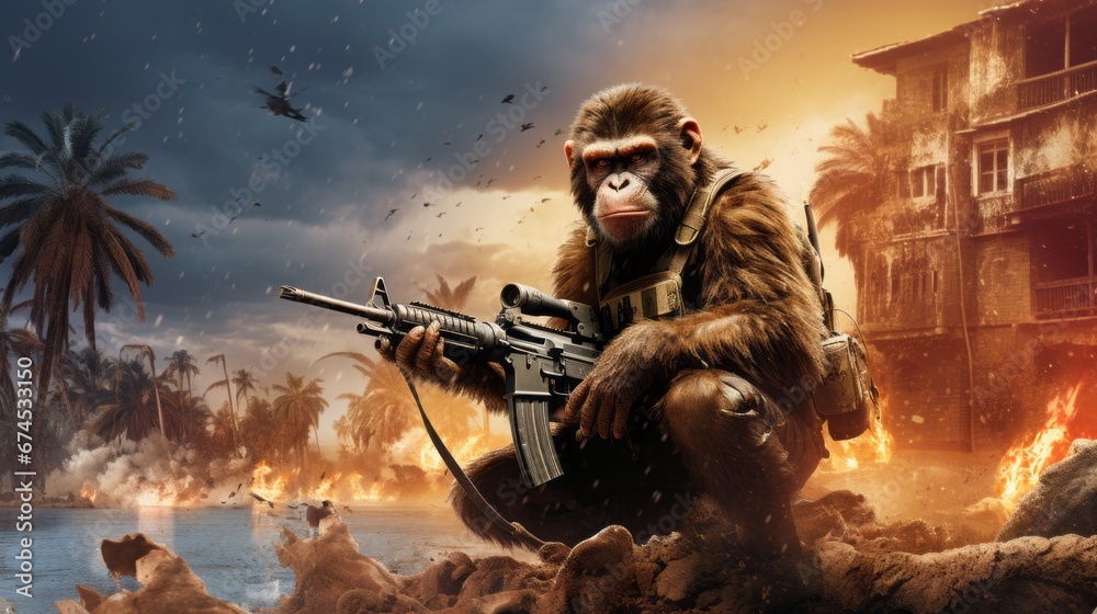 Monkey with a machine gun in military clothes. The concept of senseless aggression and destruction.