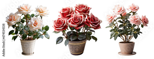 collection of rose ornamental plants in pots, isolated on a transparent background, generative ai #674534538