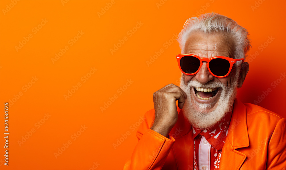 A stylish elder man smiling wearing orange suit and glasses, posing against a vibrant orange background A stylish elder man smiling wearing orange suit and glasses, posing against a vibrant orange background