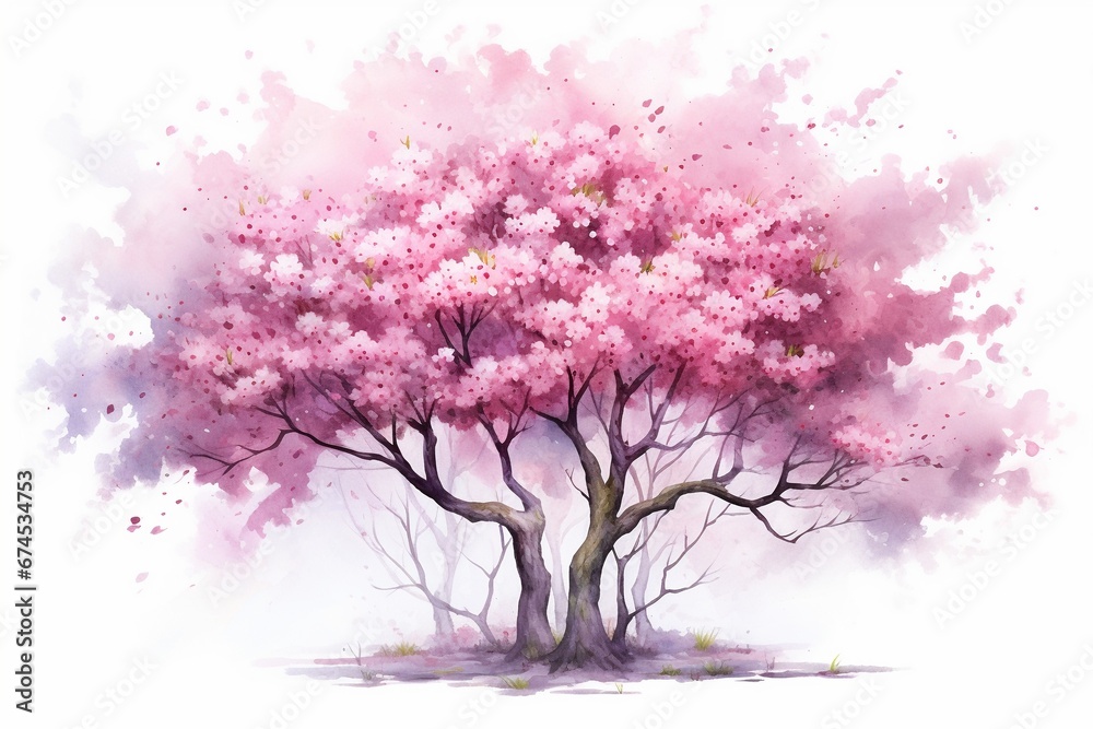 Fototapeta premium Spring Symphony: Cherry Blossom Tree Branch in Breathtaking Watercolor Illustration