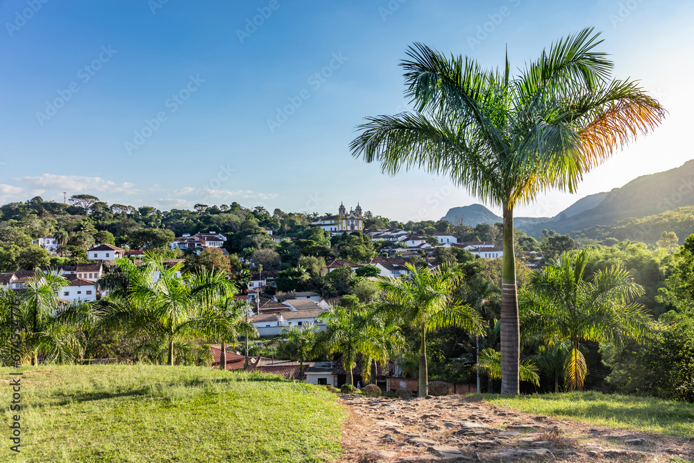 Fototapeta premium Panoramic aerial view of the city of Tiradentes with colorful sky at sunset, Minas Gerais.