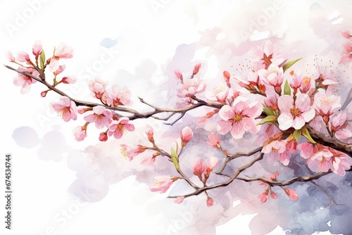 Spring Symphony  Cherry Blossom Tree Branch in Breathtaking Watercolor Illustration