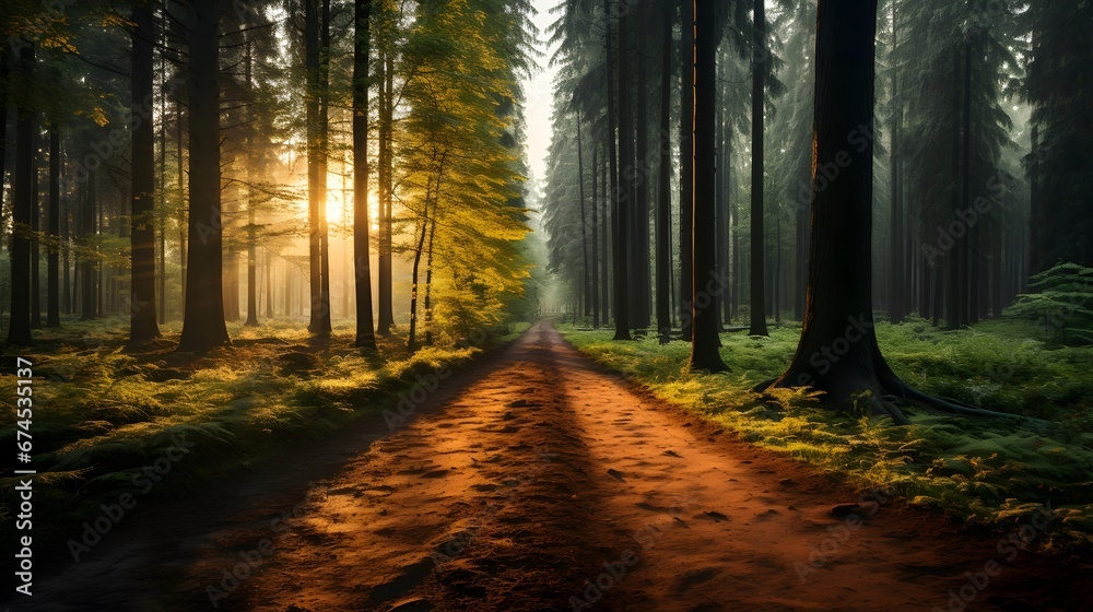 Panoramic image of a road through a forest in the morning