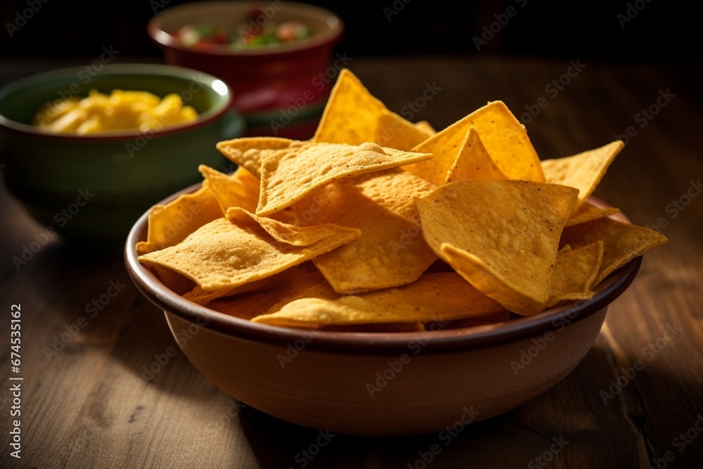 Crispy Pleasure: Corn Tortilla Chips in a Bowl, Perfect for Snacking Crispy Pleasure: Corn Tortilla Chips in a Bowl, Perfect for Snacking