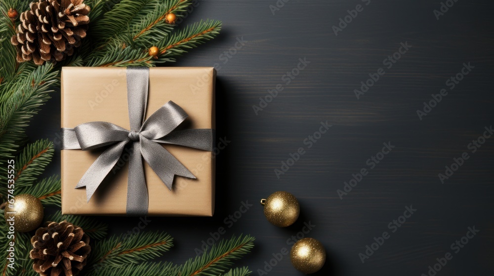 Christmas composition with gift box and spruce branches, top view, copy space. AI generated