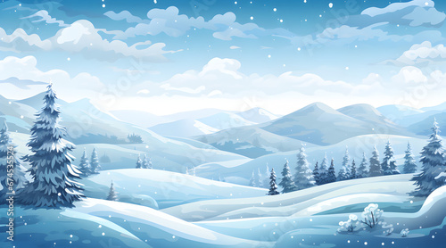 Serene winter landscape with falling snow and snow-covered mountains and forest. © Jan