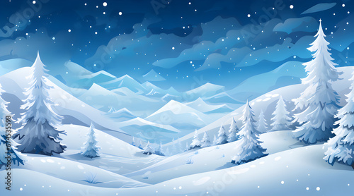Serene winter night landscape with glowing  stars over snow-covered mountains and forest. © Jan