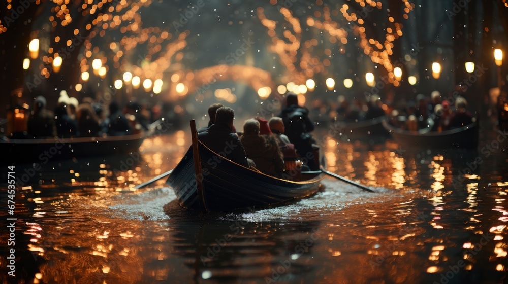 A Festive Christmas Lights Boat Parade At Night , Background Images