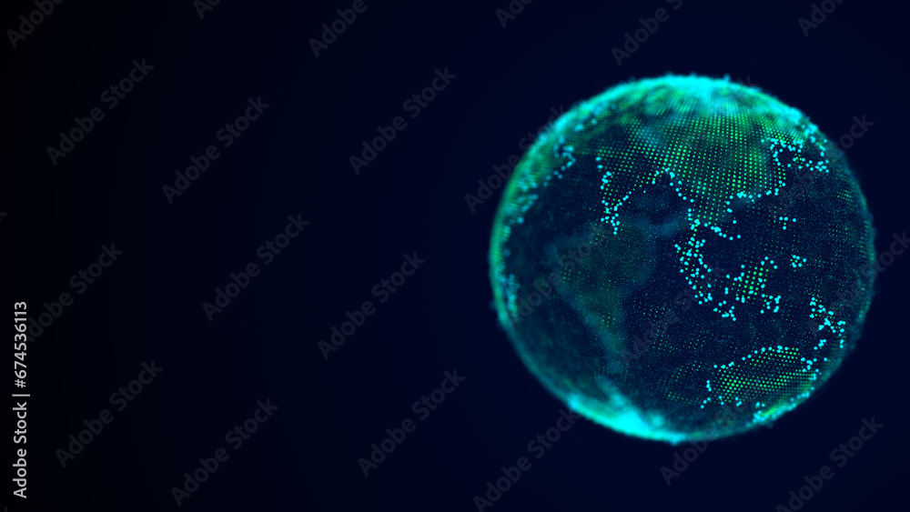 Virtual planet Earth with particles and lines. Network connection big data. Animation of nuclear and atomic explosion of the planet. Abstract technology background. 3D rendering.