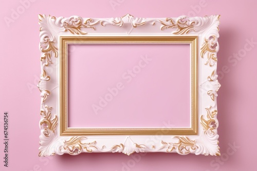 Golden Elegance: Graphic Mock-up Featuring White and Gold Frame on a Pink Background for Art Display