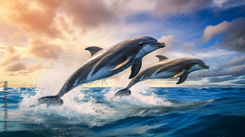 Dolphins Leaping in the Ocean.  Generated Image.  A digital rendering of a pair of dolphins leaping out of the water in the ocean.