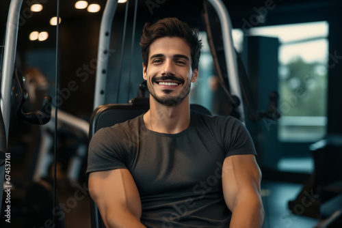 portrait of bodybuilder resting in gym while looking at camera. Healthy lifestyle. personal trainer © zamuruev